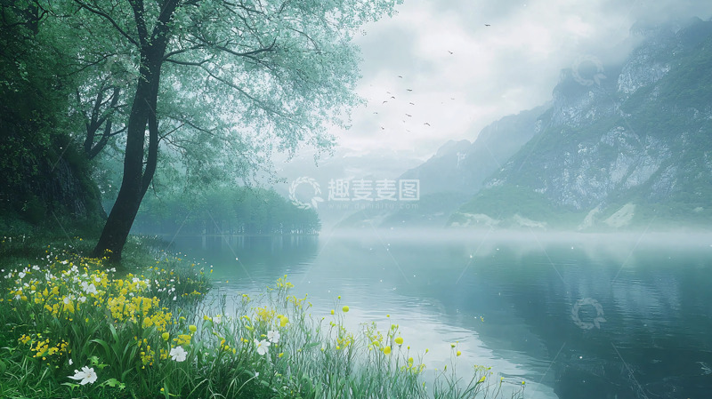 高清大图下载【趣麦麦图】雾气朦胧的湖光山色