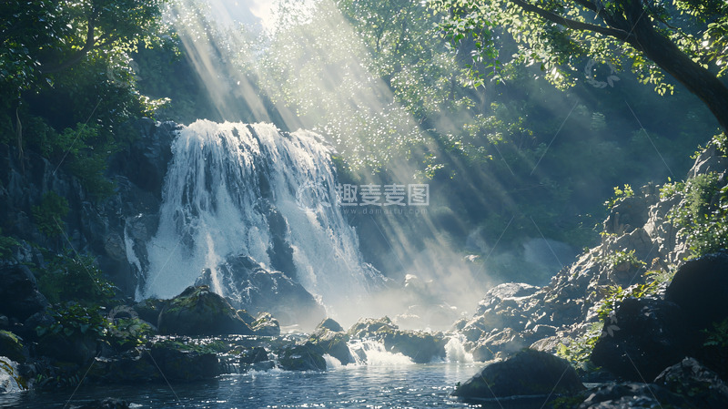 高清大图下载【趣麦麦图】森林瀑布阳光