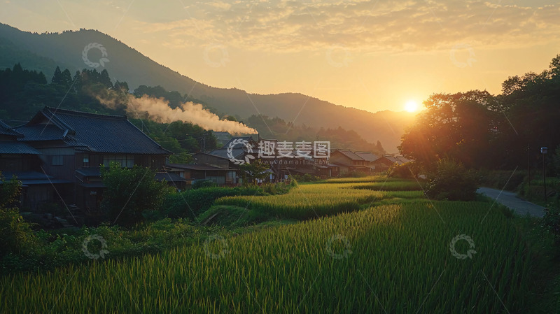 高清大图下载【趣麦麦图】日出山村田园风光