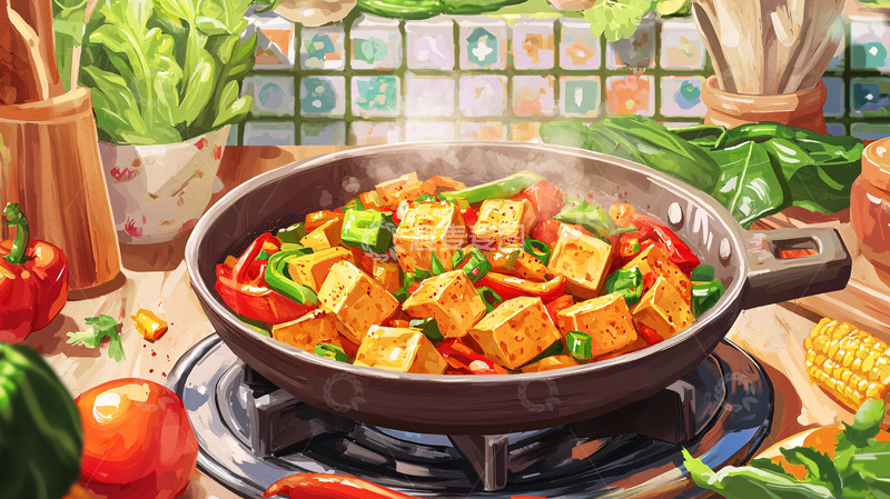 高清大图下载【趣麦麦图】热气腾腾的豆腐蔬菜炒