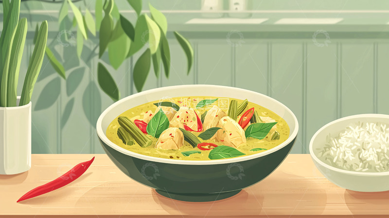 高清大图下载【趣麦麦图】绿咖喱鸡肉饭