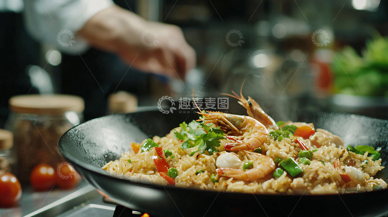 高清大图下载【趣麦麦图】厨师炒制海鲜炒面