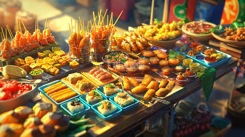 高清大图下载【趣麦麦图】琳琅满目的街头小吃摊位