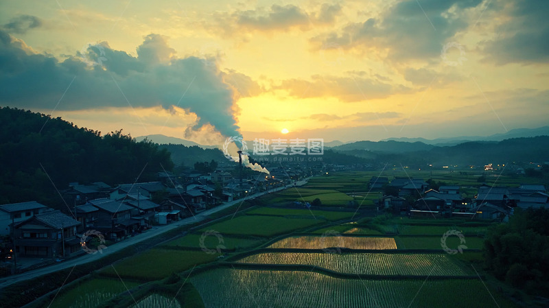 高清大图下载【趣麦麦图】夕阳下工厂与村庄的景象