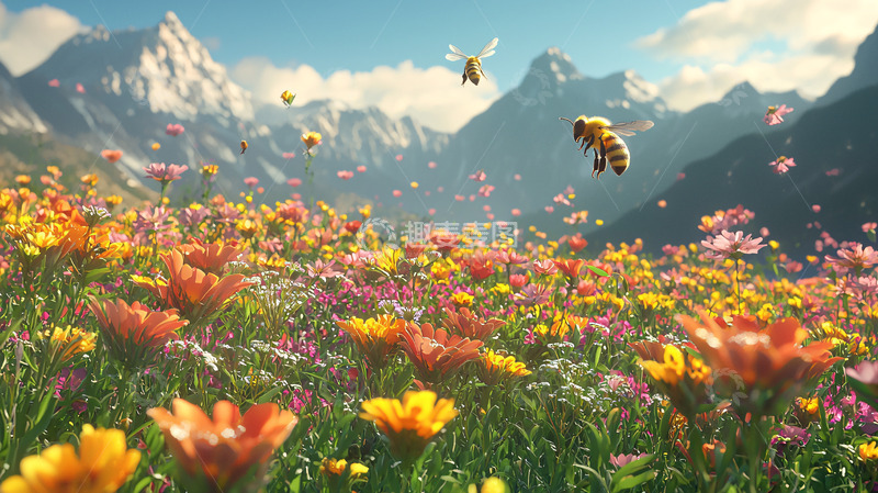 高清大图下载【趣麦麦图】高山花海蜜蜂