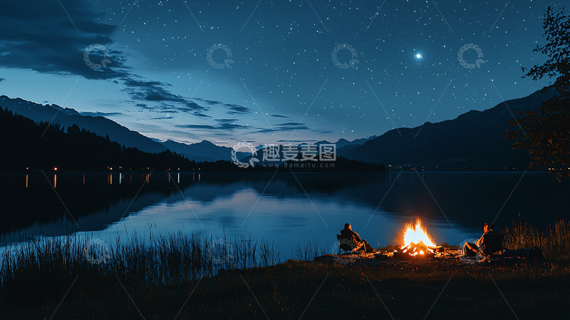 高清大图下载【趣麦麦图】星空篝火湖边夜景