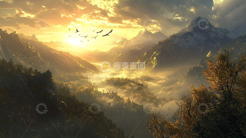 高清大图下载【趣麦麦图】夕阳西下群山峻岭