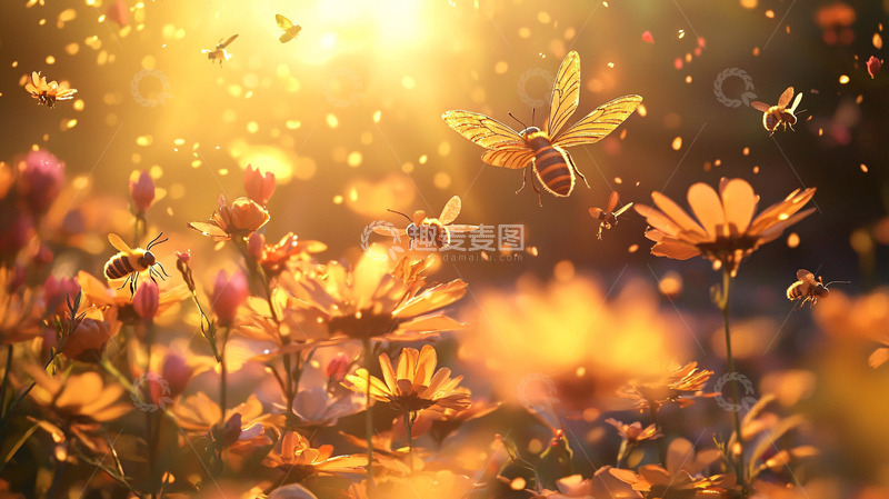 高清大图下载【趣麦麦图】阳光下的蜜蜂与花朵