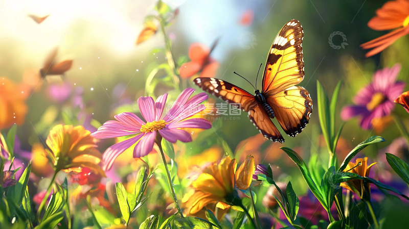 高清大图下载【趣麦麦图】阳光下飞舞的蝴蝶和鲜花