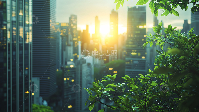 高清大图下载【趣麦麦图】日出城市绿叶