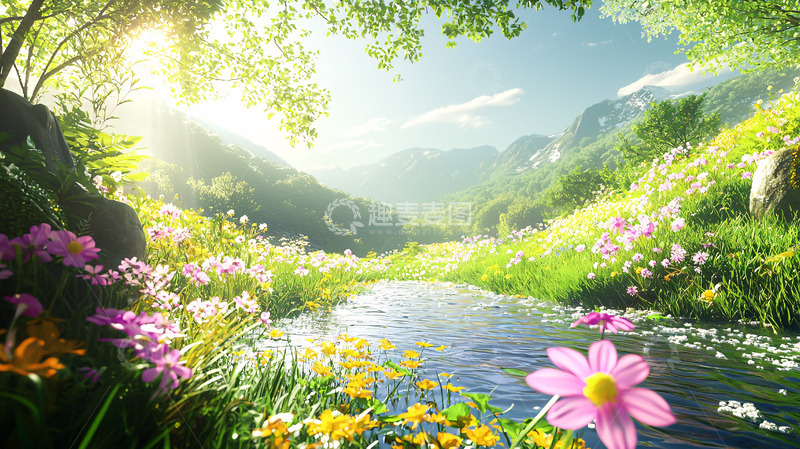 高清大图下载【趣麦麦图】阳光明媚的山谷溪流