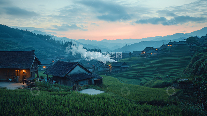 高清大图下载【趣麦麦图】山间村落日落景象