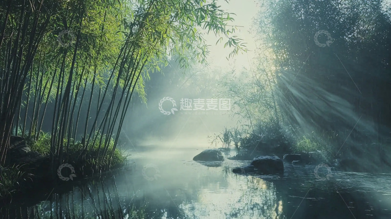 高清大图下载【趣麦麦图】清晨竹林溪流阳光