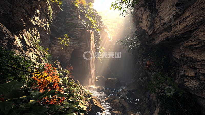 高清大图下载【趣麦麦图】峡谷阳光森林瀑布