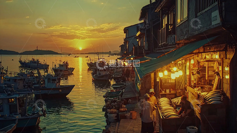高清大图下载【趣麦麦图】渔港落日
