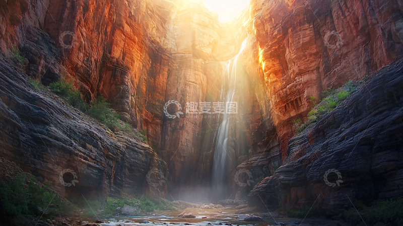 高清大图下载【趣麦麦图】峡谷瀑布阳光洒下