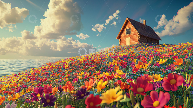 高清大图下载【趣麦麦图】山坡上的彩色花海小屋