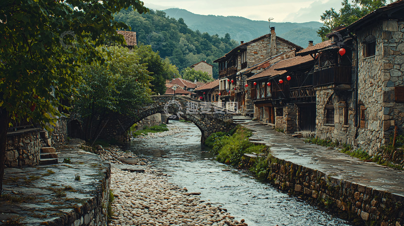 高清大图下载【趣麦麦图】山间古镇河流石桥