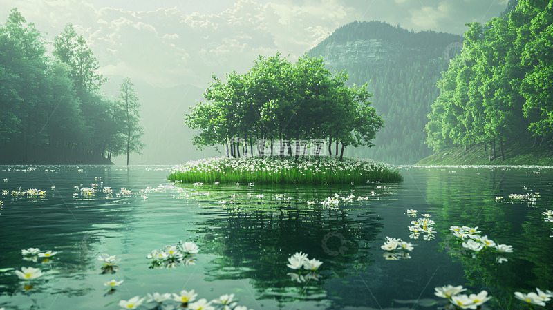 高清大图下载【趣麦麦图】雾气朦胧的湖心小岛