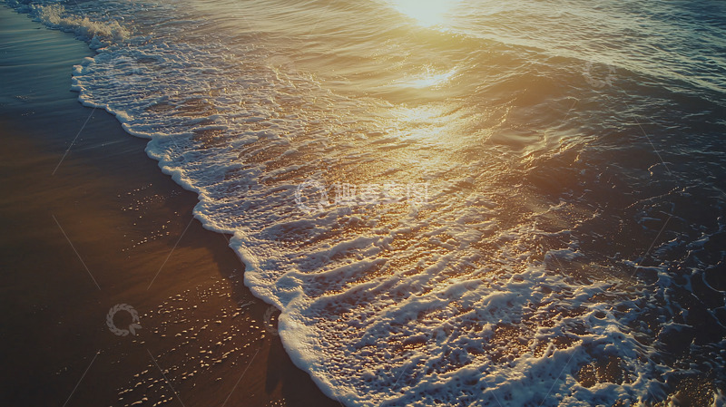 高清大图下载【趣麦麦图】海浪拍打沙滩的日落景色