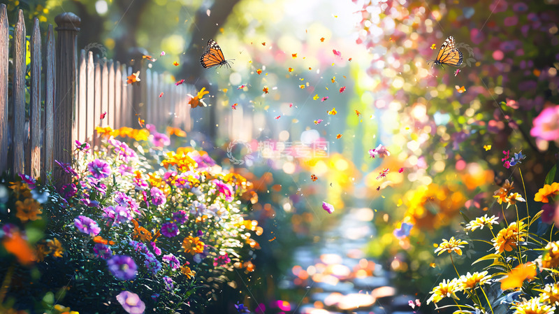 高清大图下载【趣麦麦图】阳光花园小路蝴蝶花海