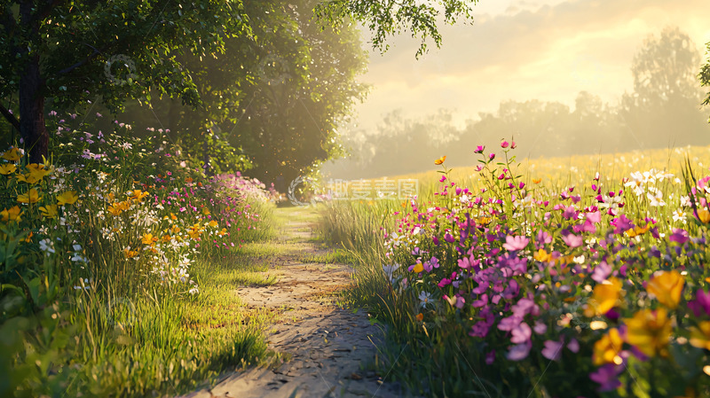 高清大图下载【趣麦麦图】清晨田园小路鲜花盛开