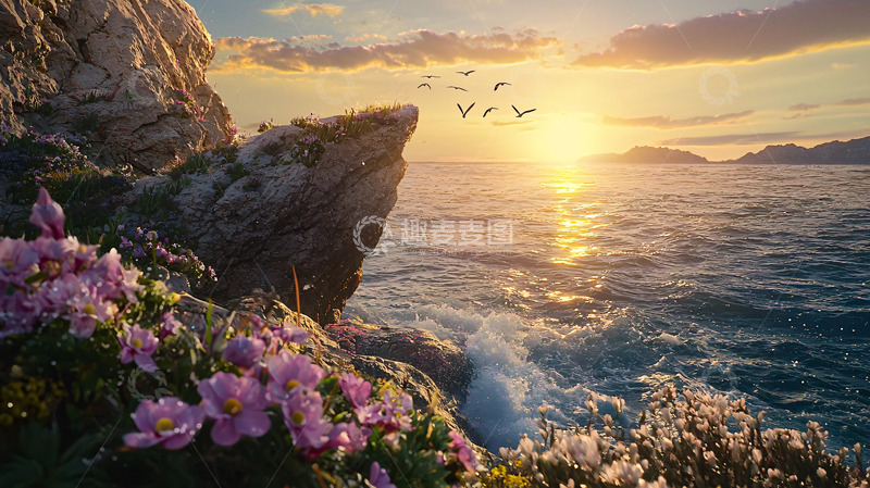 高清大图下载【趣麦麦图】日落海景岩石花朵