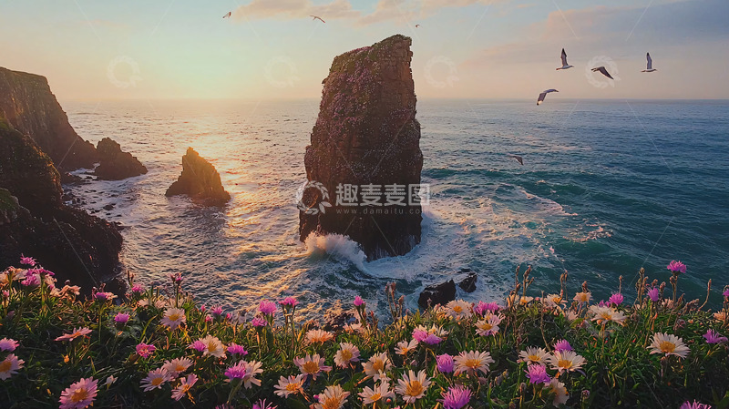 高清大图下载【趣麦麦图】日落海边岩石花海