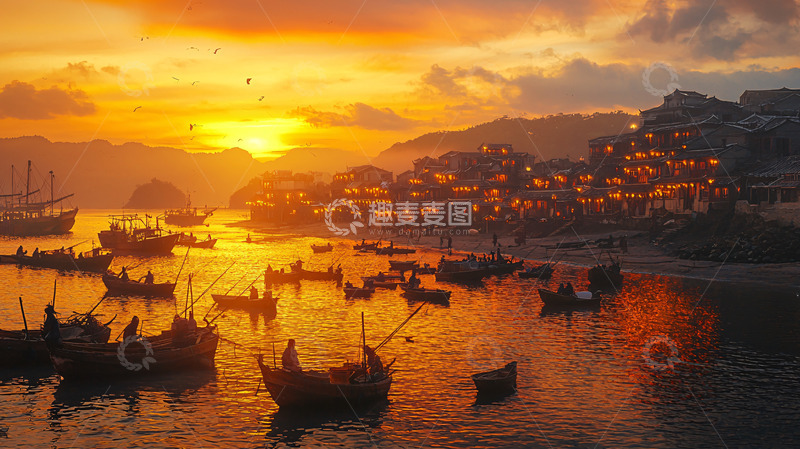 高清大图下载【趣麦麦图】夕阳渔港小镇