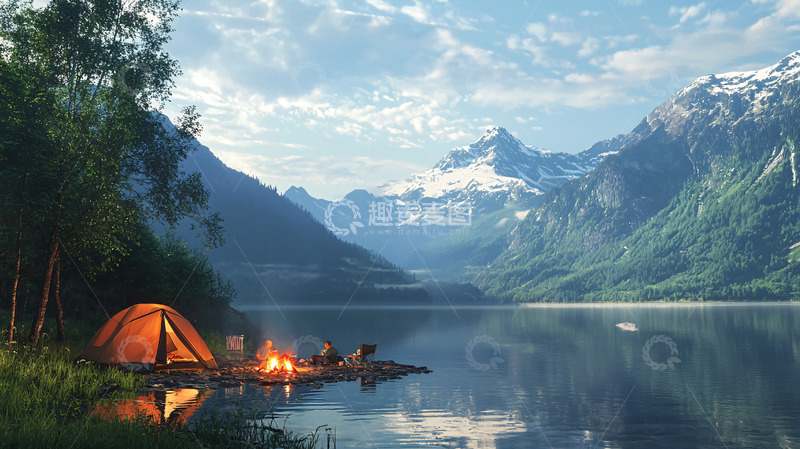 高清大图下载【趣麦麦图】山湖边露营篝火晚景