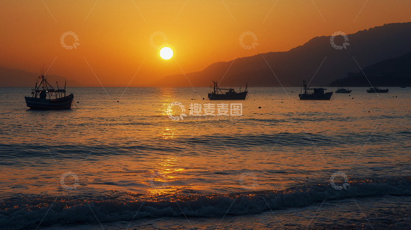 高清大图下载【趣麦麦图】日落海景渔船