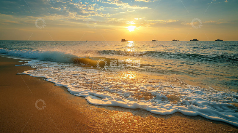 高清大图下载【趣麦麦图】日出海滩浪花