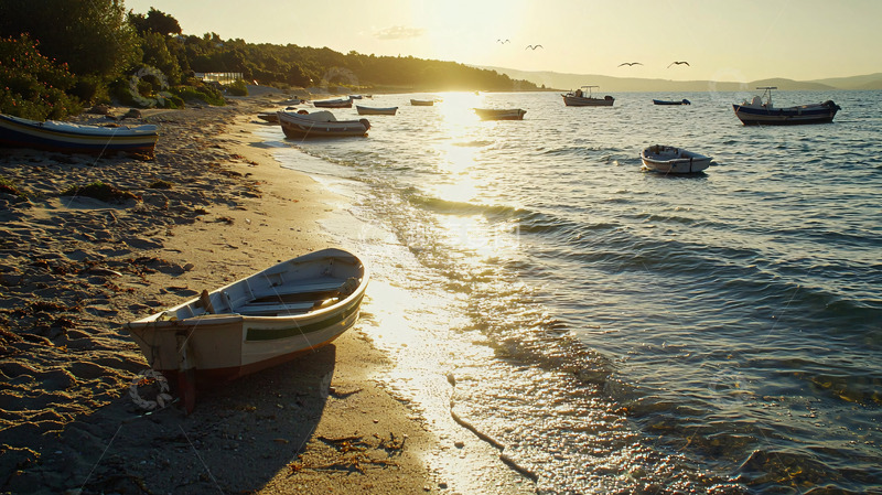 高清大图下载【趣麦麦图】夕阳西下海边小船
