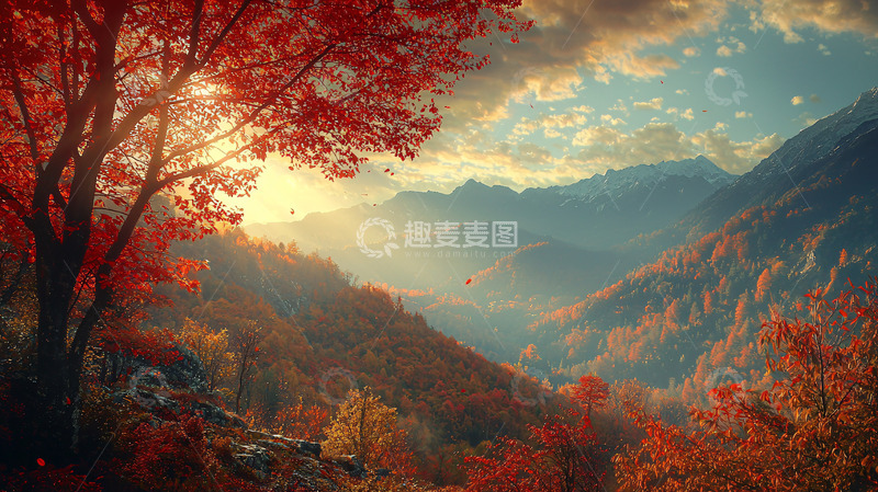 高清大图下载【趣麦麦图】秋日山林红叶日出