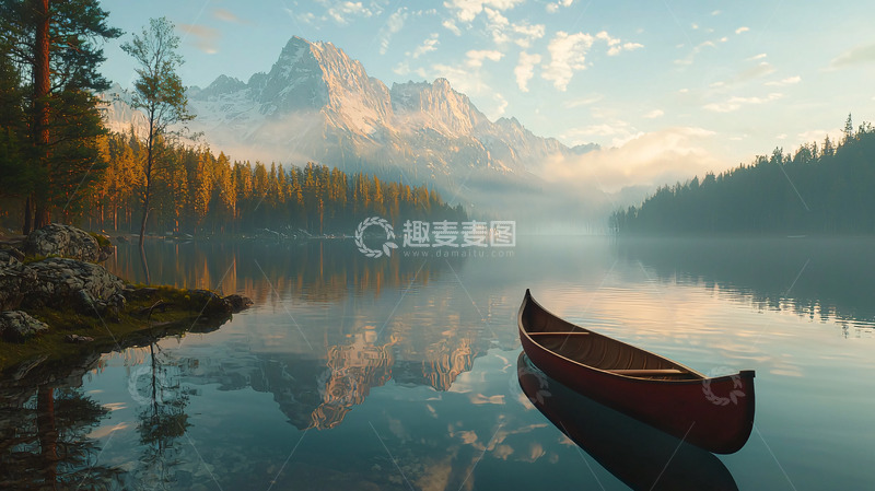 高清大图下载【趣麦麦图】清晨雾气湖泊独木舟