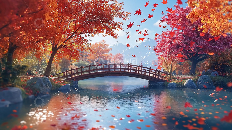 高清大图下载【趣麦麦图】秋日红叶小桥流水