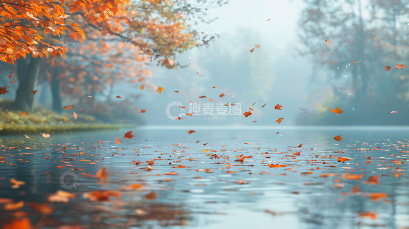 高清大图下载【趣麦麦图】秋日雾气湖面落叶