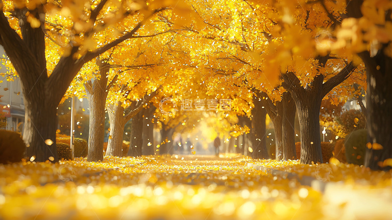 高清大图下载【趣麦麦图】金黄落叶秋景大道