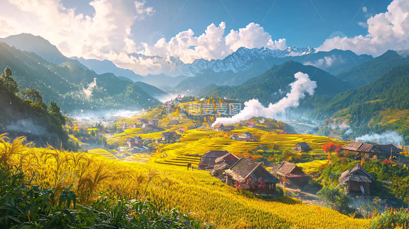 高清大图下载【趣麦麦图】山间村落金色稻田