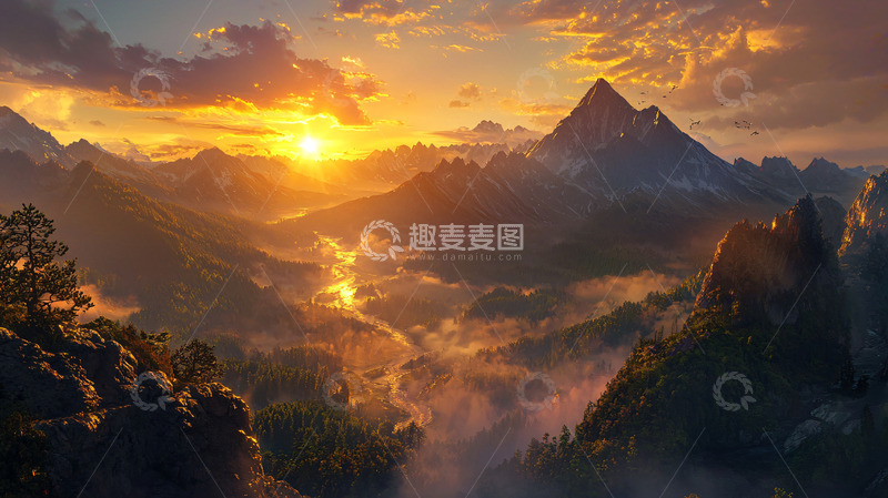 高清大图下载【趣麦麦图】壮丽山河落日余晖