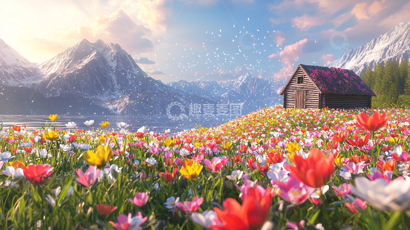 高清大图下载【趣麦麦图】山间小屋鲜花盛开