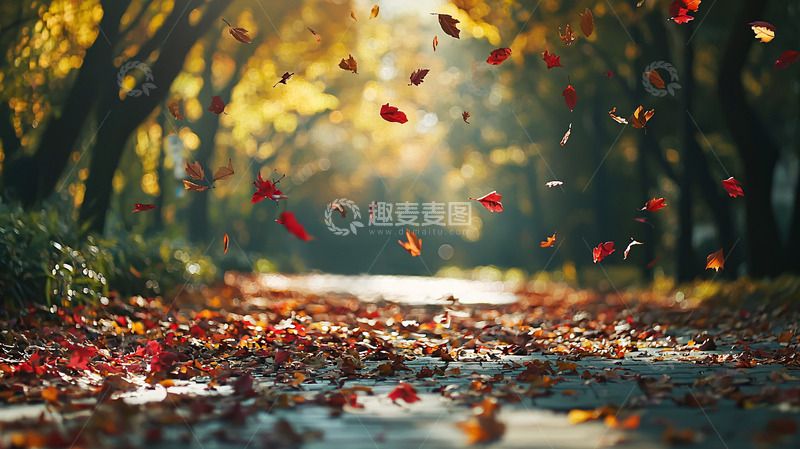 高清大图下载【趣麦麦图】秋叶飘落小路