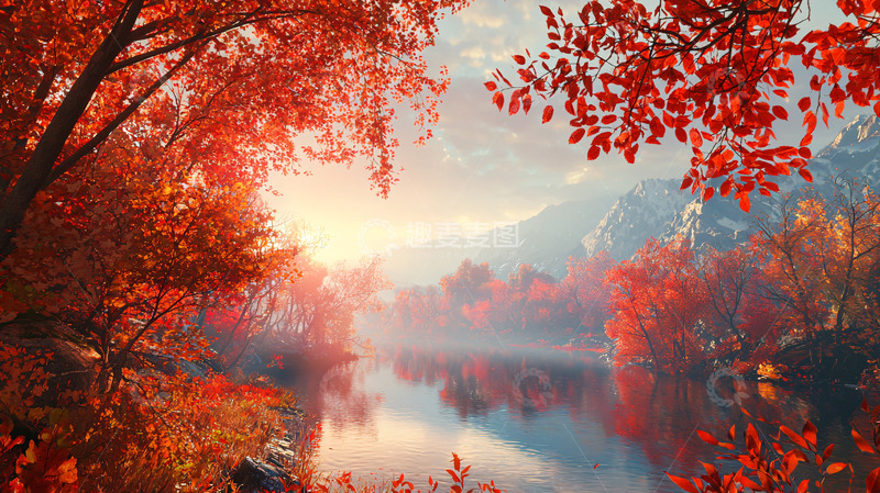 高清大图下载【趣麦麦图】秋日红叶湖光山色