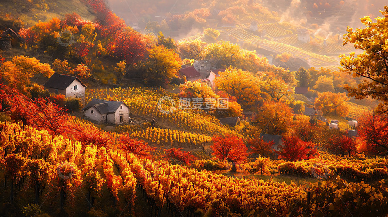 高清大图下载【趣麦麦图】秋日山谷葡萄园房屋