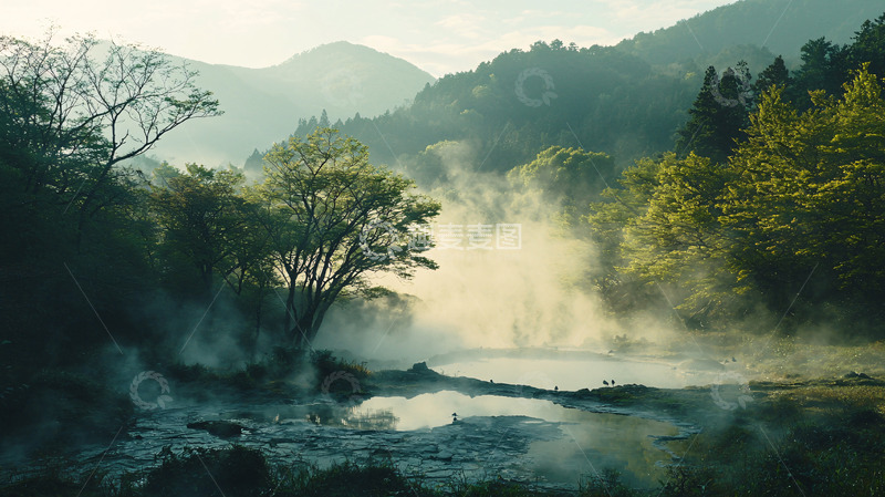 高清大图下载【趣麦麦图】清晨雾气缭绕山谷温泉