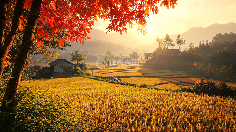 高清大图下载【趣麦麦图】秋日稻田红叶美景