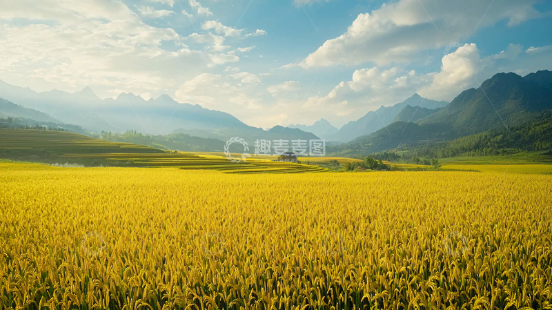 高清大图下载【趣麦麦图】金黄稻田山峦景色