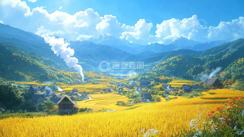 高清大图下载【趣麦麦图】阳光明媚下的山谷村庄
