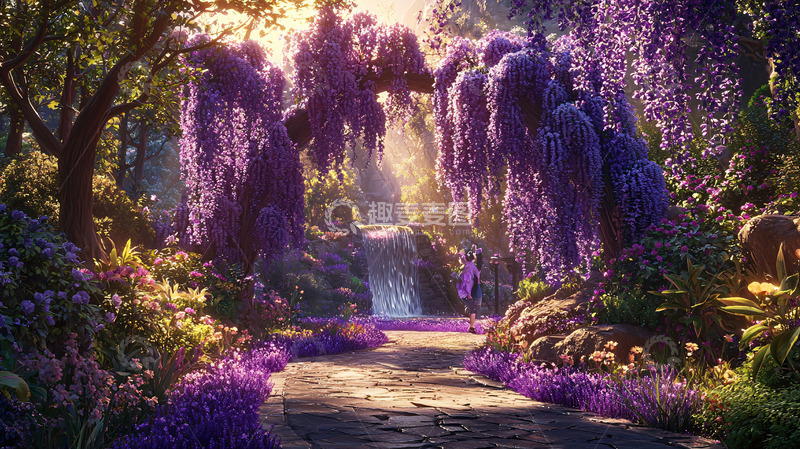 高清大图下载【趣麦麦图】梦幻紫藤花瀑布森林