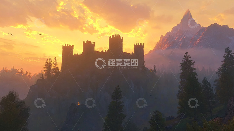 高清大图下载【趣麦麦图】落日余晖下的山峦城堡